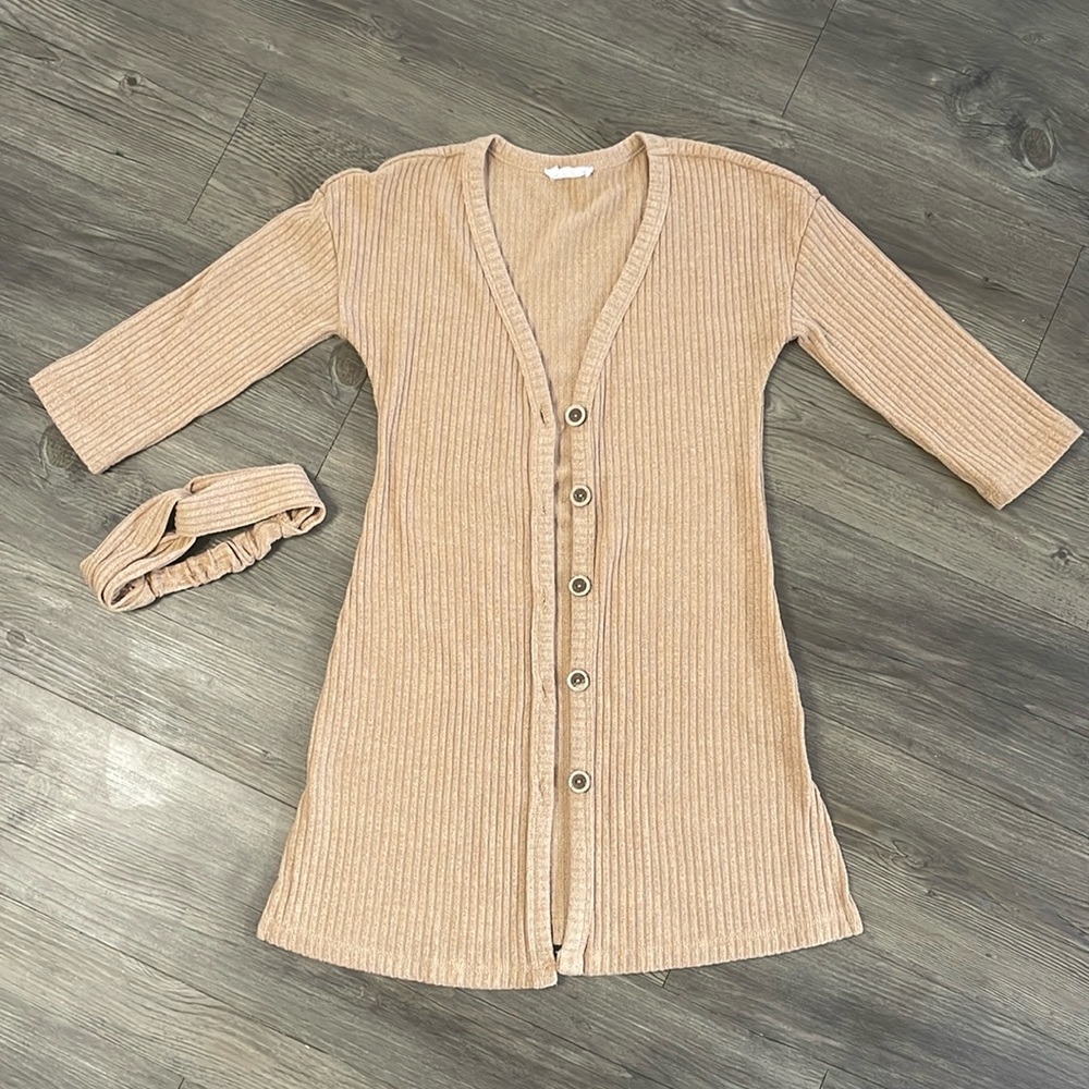 Girls Tan Cardigan w/ headband - 8